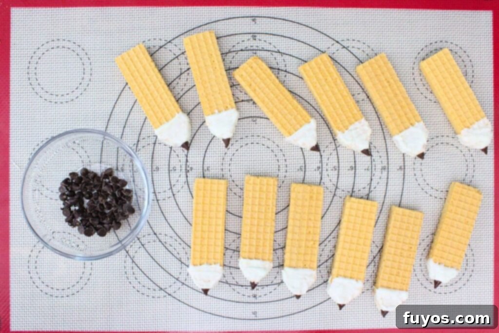 Pencil Wafer Cookies Perfect for Back to School Fun 7 dip the pointed end of the wafer in the white chocolate then add a chocolate chip as a tip