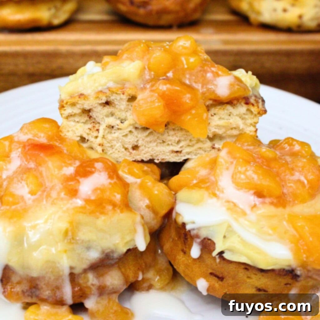 Gooey Crown Royal peach cinnamon rolls fresh from the air fryer, with a rich peach topping and caramel drizzle.
