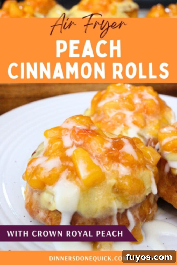 Pinterest pin showing Crown Royal peach cinnamon rolls, perfect for saving the recipe.