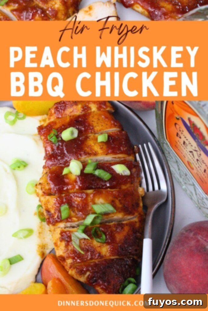 Simple Air Fryer Peach Whiskey BBQ Chicken Recipe 13 Air fryer peach whiskey BBQ chicken recipe pin image for Pinterest: sweet and tangy chicken, easy weeknight dinner, summer meal inspiration.