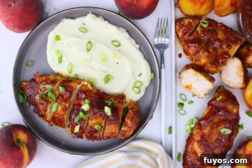 Simple Air Fryer Peach Whiskey BBQ Chicken Recipe 9 Overhead view of a plated air fryer peach whiskey BBQ chicken breast, sliced and served with a side of creamy mashed potatoes.