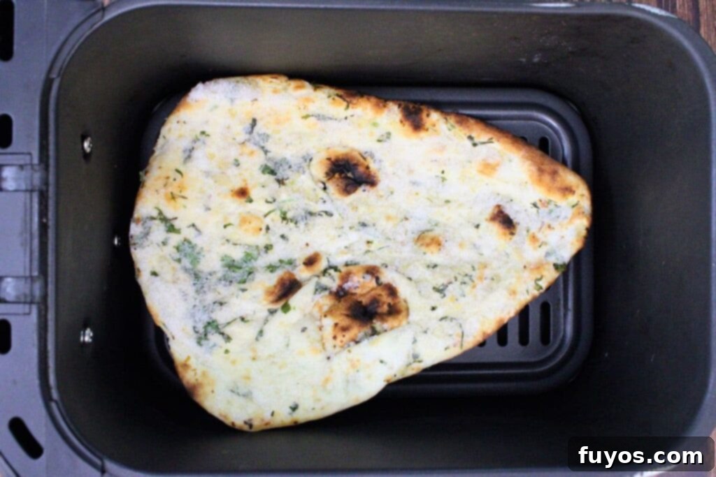 Placing frozen Trader Joe's naan bread into an air fryer basket, ensuring a single layer for even cooking.