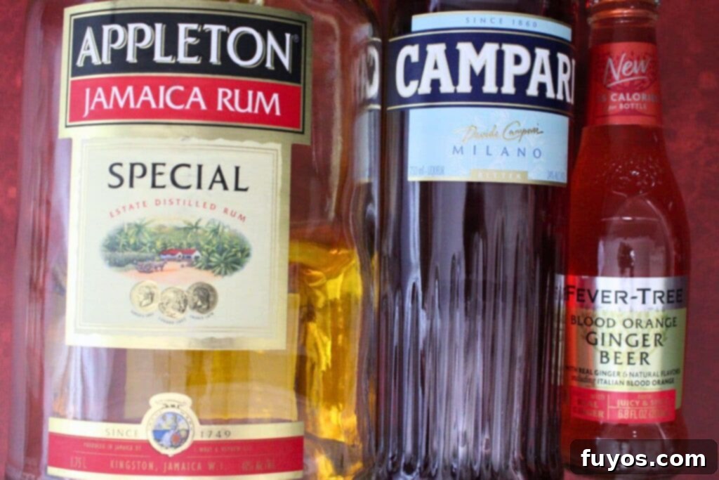 Blood Moon Rum Potion Zesty Halloween Brew 4 ingredients laid out for making blood moon cocktail, including rum, Campari, blood orange ginger beer, and grenadine