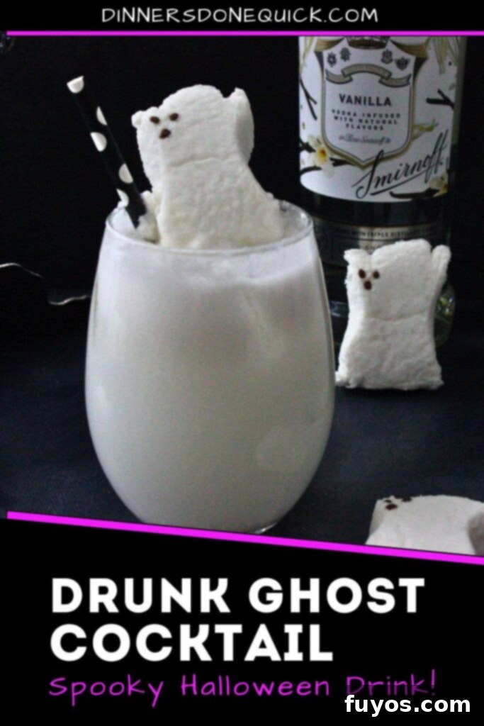 A Pinterest-optimized image of a Drunk Ghost Cocktail, showing two glasses with ghost peep garnishes, surrounded by Halloween decor.