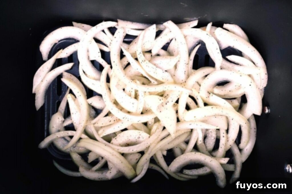 Air Fryer Caramelized Onions Made Easy 8 Sliced onions neatly arranged in a single layer inside the air fryer basket