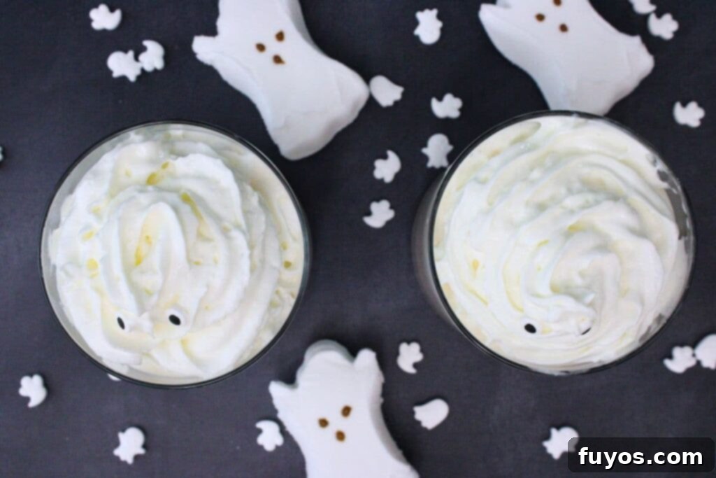 Screaming Ghost Cocktail The Perfect Halloween Potion 7 overhead view of two screaming ghost cocktail drinks with whipped cream and candy eyes