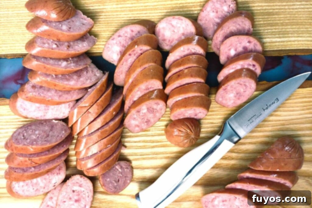 Slicing kielbasa into medallions with a chef's knife on a cutting board