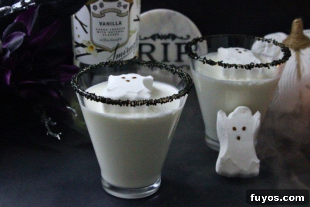 Halloween Spirits A Ghostly Vodka Martini 9 two ghost martinis in front of a vanilla vodka bottle