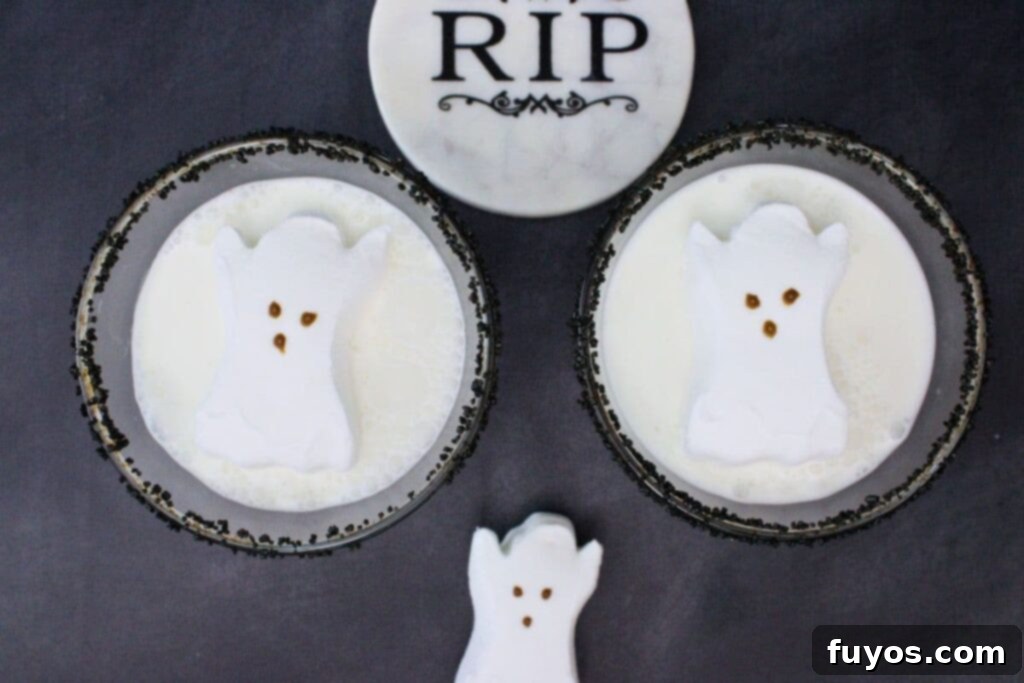 Halloween Spirits A Ghostly Vodka Martini 8 overhead view of two ghost martinis with ghost peeps on top