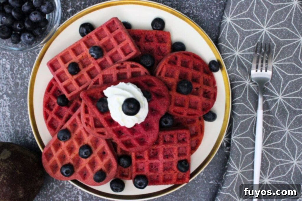 Roasted Beet Waffles An Air Fryer Breakfast Delight 8 overhead view of mini beetroot waffles on a plate with whipped cream and blueberries