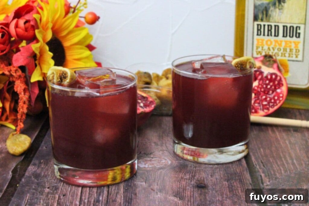Gladiator Cocktail Romes Spirited Legacy 3 two gladiator cocktails in front of honey whiskey bottle and fresh pomegranates