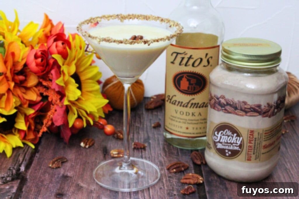 pecan pie martini next to two liquor bottles