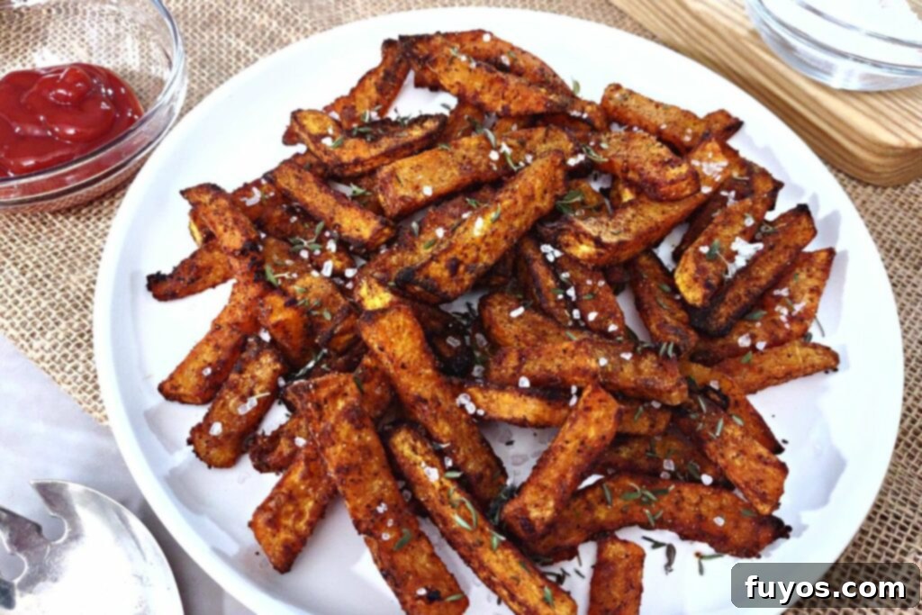 Crispy butternut squash fries cooked to perfection in an air fryer, served as a healthy side dish.