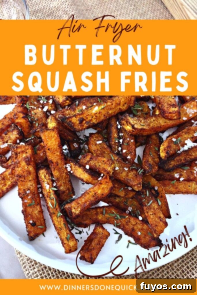 Crispy air fryer butternut squash fries ready to be pinned on Pinterest, a healthy fall recipe idea.