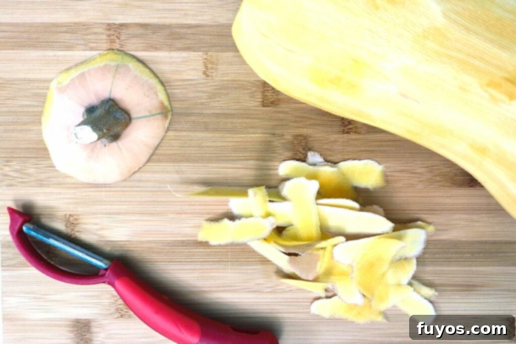 Step 1: Peel butternut squash and trim the stem carefully with a knife.