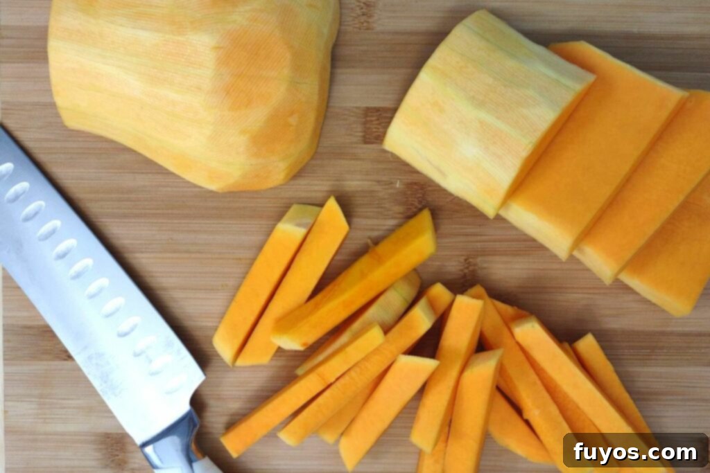 Step 4: Precisely cut squash into uniform fries, roughly 3 to 4 inches long.