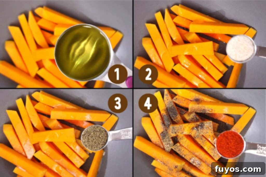 Step 6: Toss butternut squash fries in a bowl with olive oil and a blend of seasonings.