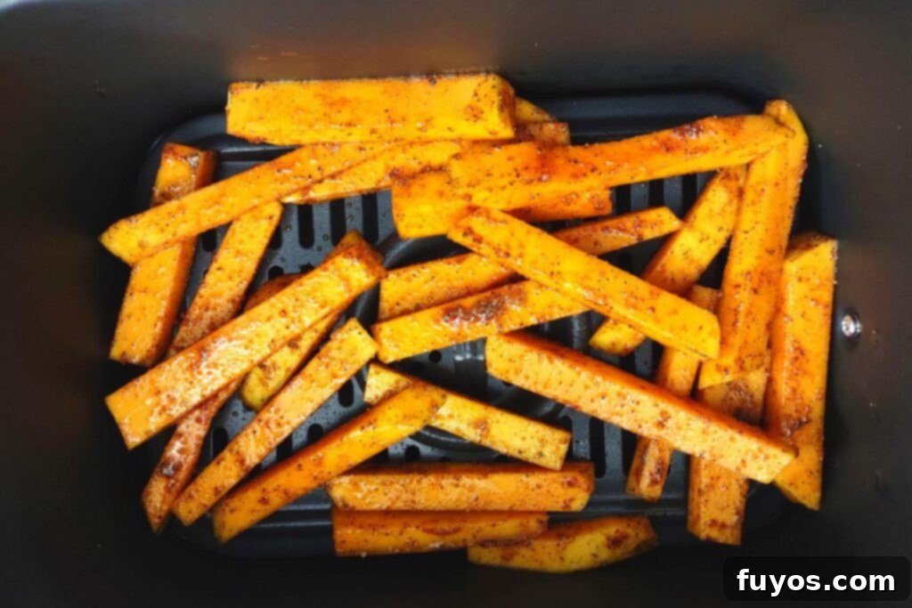 Step 7: Arrange seasoned butternut squash fries in a single layer in the air fryer basket.