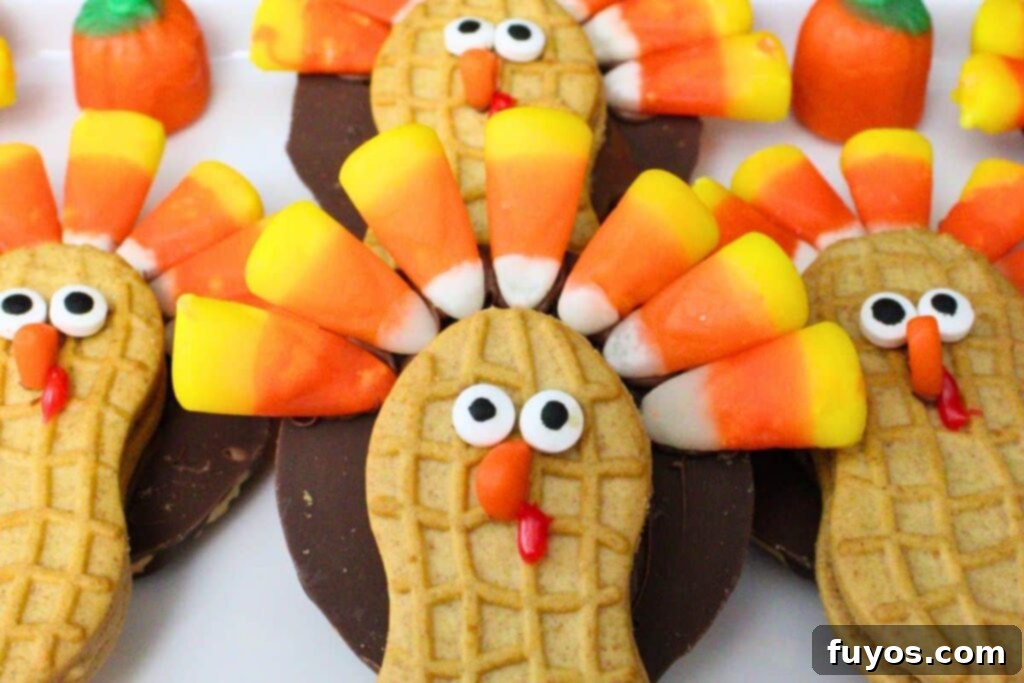closeup of four nutter butter turkey cookies looking at the camera with candy corn headdresses