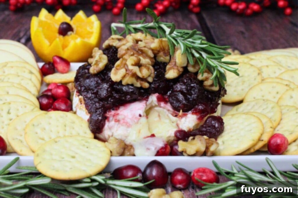 Air Fryer Cranberry Walnut Baked Brie 11 air fryer cranberry baked brie topped with walnuts cut open in the middle of a platter of crackers