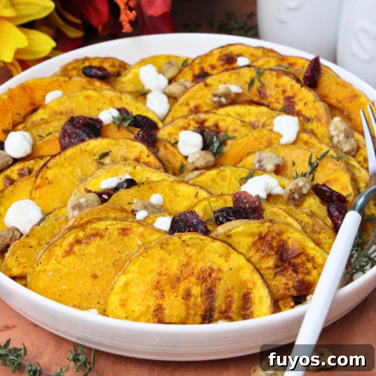 Crispy & Quick: 19 Air Fryer Thanksgiving Recipes for a Perfect Feast 11 Elegant air fryer roasted butternut squash slices topped with walnuts and cranberries.