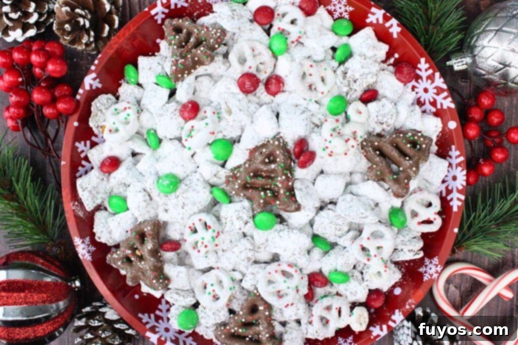 Easy No Bake Christmas Puppy Chow 11 overhead view of christmas puppy chow on a red snowflake plate surrounded by holiday decorations