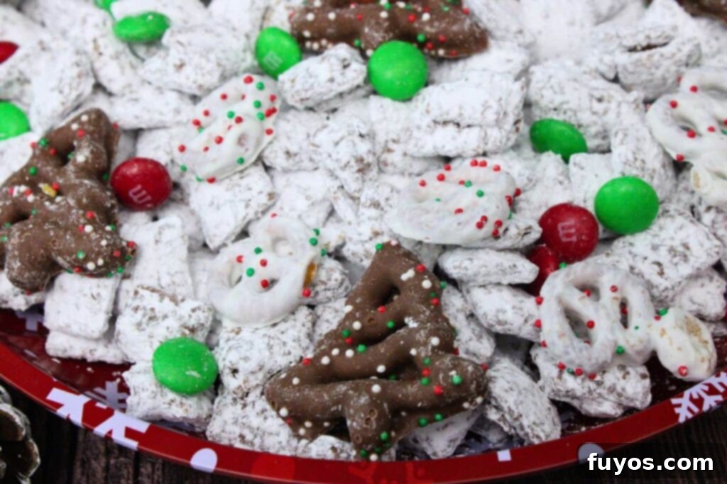 Easy No Bake Christmas Puppy Chow 3 closeup of christmas puppy chow