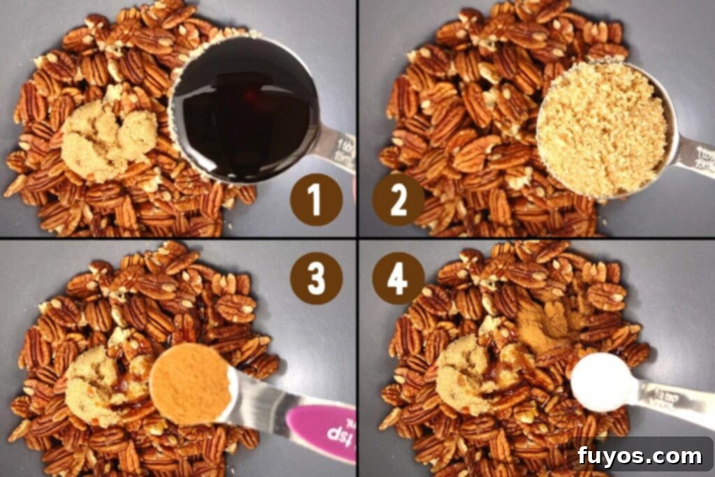 combine pecan halves with honey brown sugar cinnamon and salt in a mixing bowl