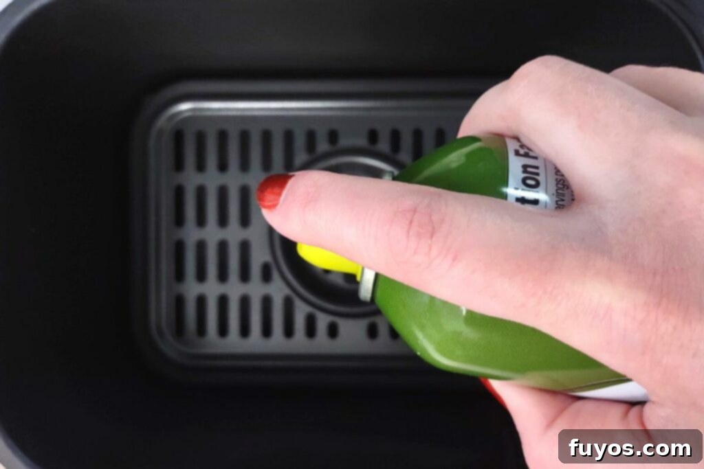 spray inside of air fryer basket to prevent sticking