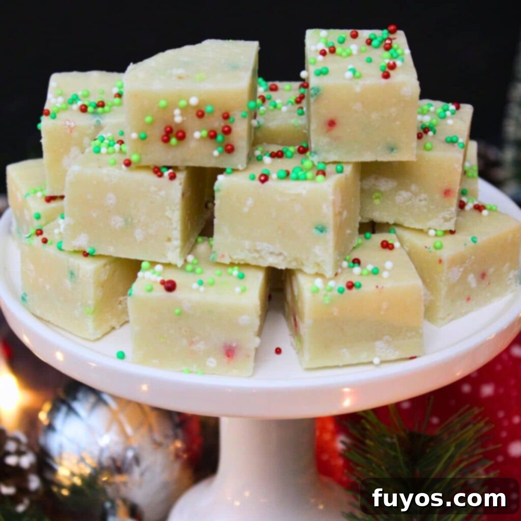 Easy Microwave Christmas Sugar Cookie Fudge Treat 2 Festive sugar cookie fudge squares, a perfect no-bake Christmas treat