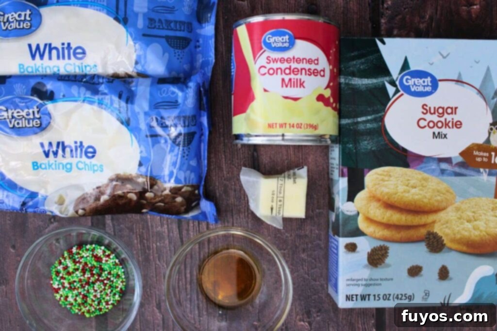 Easy Microwave Christmas Sugar Cookie Fudge Treat 4 Six essential ingredients laid out for making sugar cookie fudge
