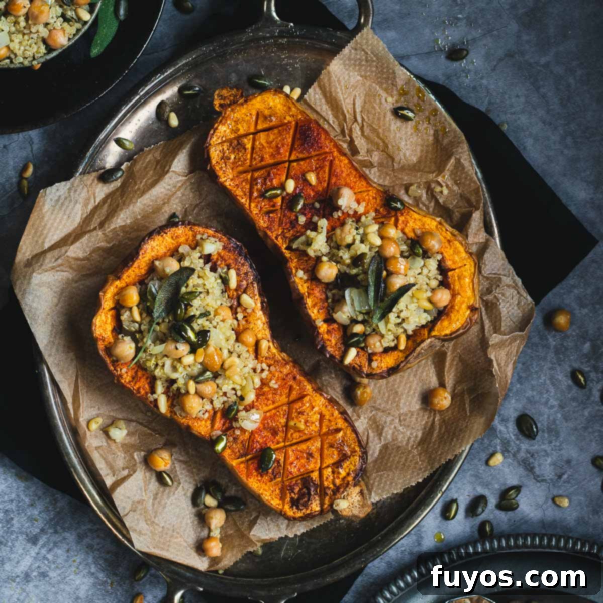 Air Fryer Chickpea and Sage Stuffed Butternut Squash Halves