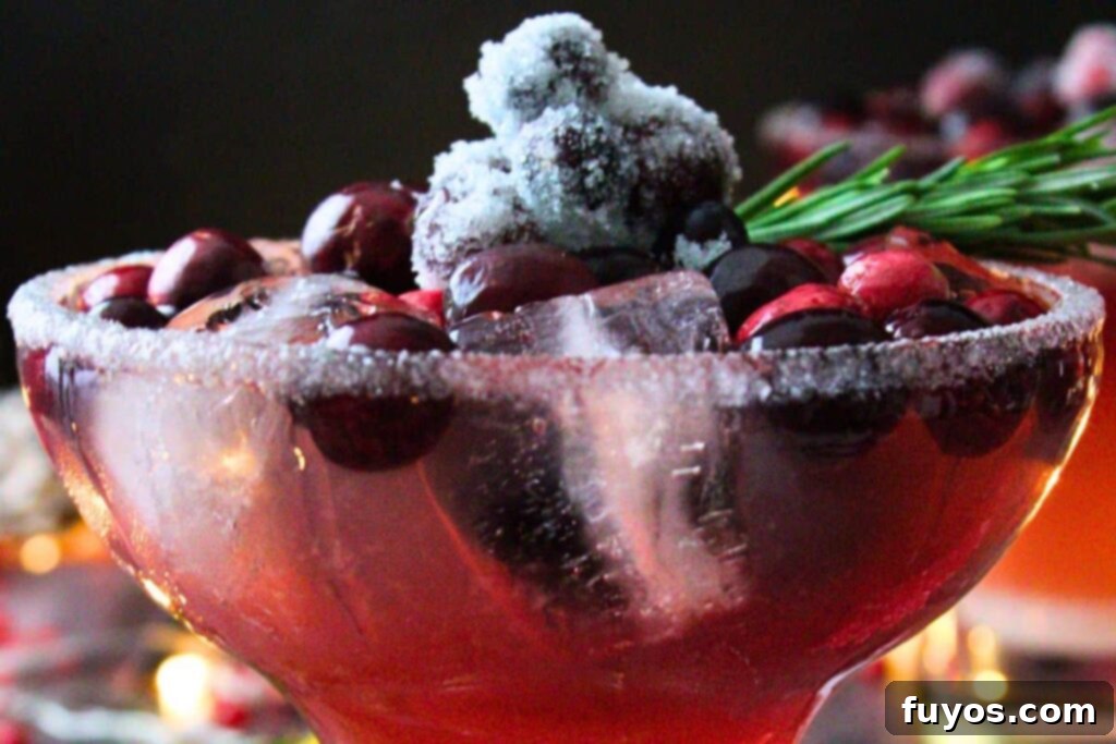Frosted Mistletoe Margarita Christmas Cocktail 9 Closeup view of a mistletoe margarita with abundant sugared frosted cranberries and a rosemary sprig
