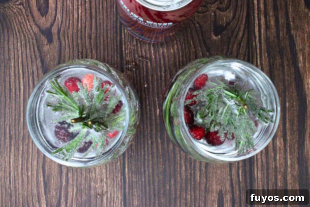 Step 4: Pour gin and sparkling water into the glass with the frozen cranberry and rosemary base.