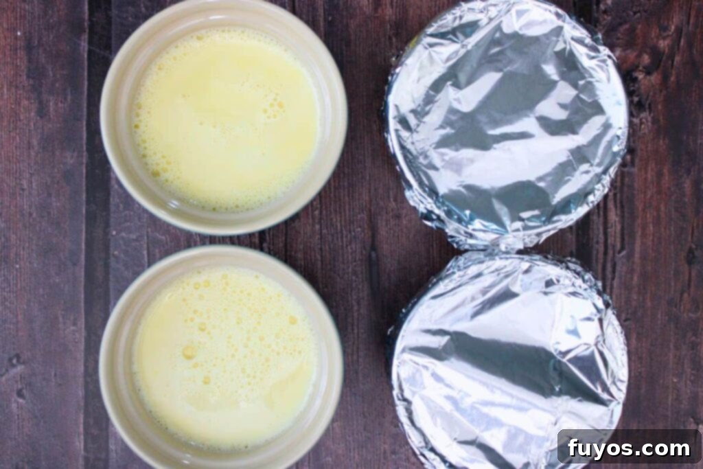divide custard mixture between ramekins and cover with foil