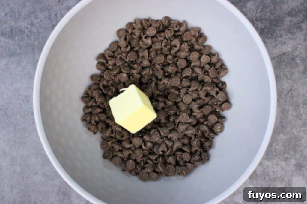 add semisweet chocolate and butter to microwave safe bowl