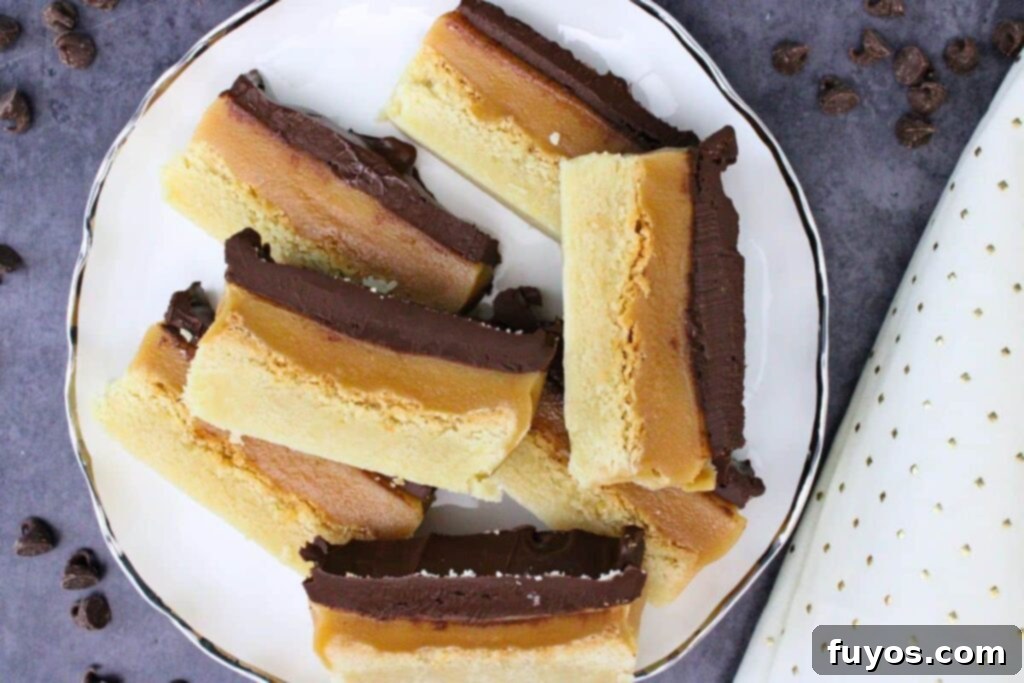 overhead view of air fryer millionaire shortbread laid across a plate