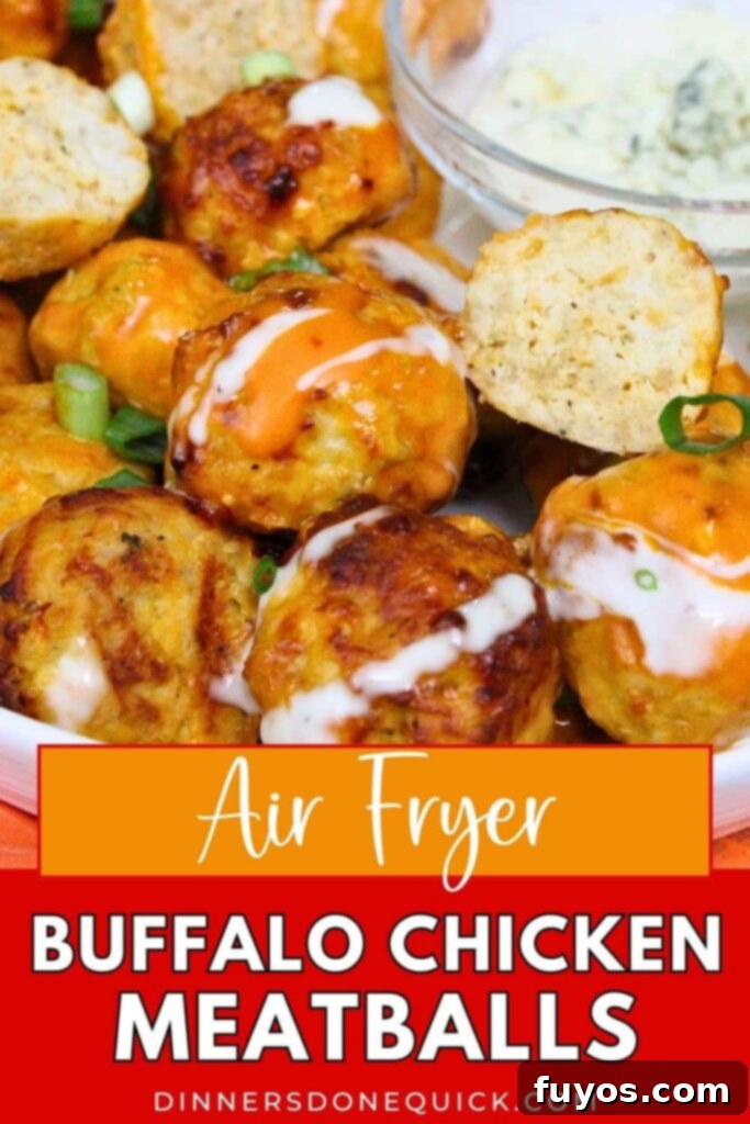 Air Fryer Buffalo Chicken Meatballs on a platter, ready for sharing, with dipping sauces and vegetables, ideal for parties and game day. This image is perfect for Pinterest.