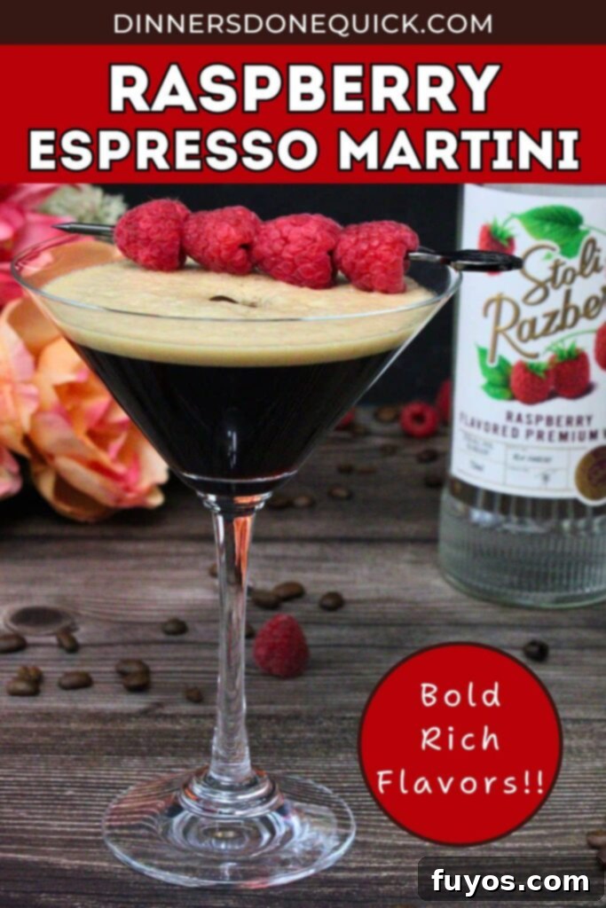 Chambord Raspberry Espresso Martini Made Easy 11 A Raspberry Espresso Martini, garnished with fresh raspberries and coffee beans, showcasing its frothy top and vibrant color, with a modern white border.