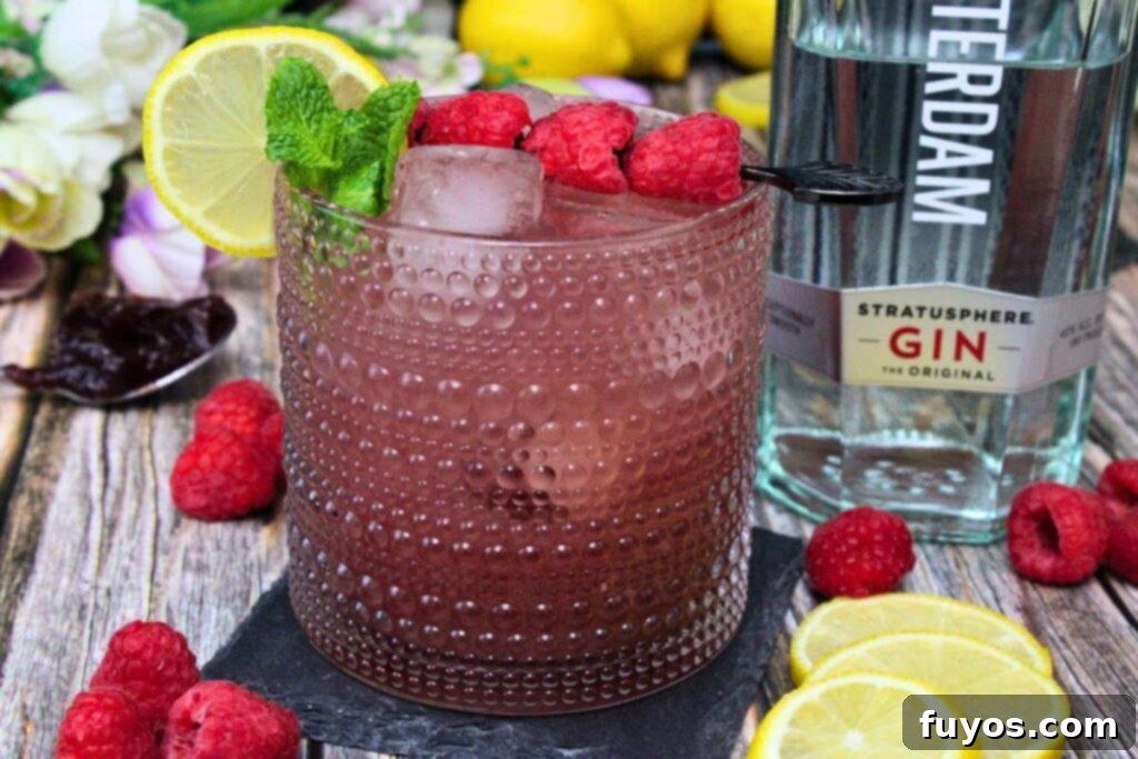 Close-up of a Gin and Jam cocktail in a lowball glass, garnished with fresh raspberries and a lemon wheel, next to a gin bottle and shaker.