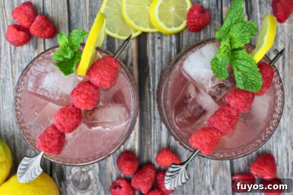 Two perfectly prepared Gin and Jam cocktails, garnished with a raspberry skewer and a lemon slice, on a rustic wooden table.