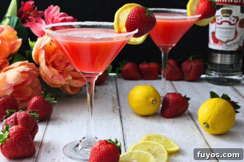 Two strawberry lemon drop martinis on a white wooden table, beautifully garnished with fresh strawberries and lemon, creating an inviting scene.