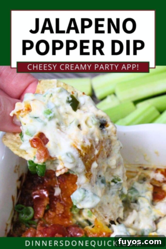 Jalapeno Popper Dip recipe image formatted for Pinterest, featuring a bowl of the dip with dippers.