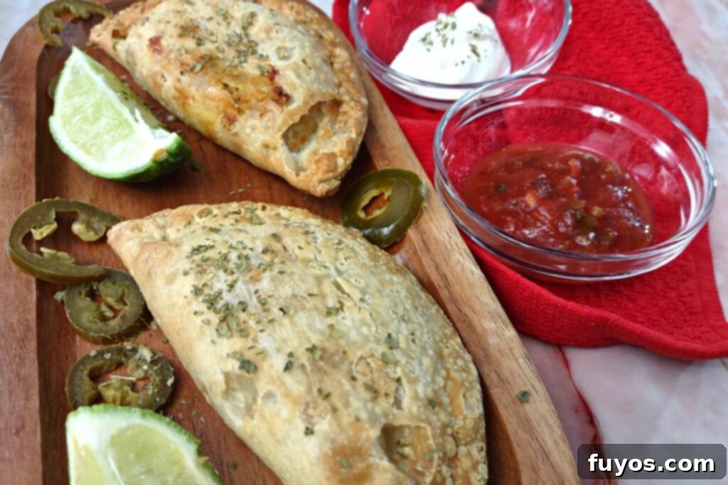 air fryer empanadas on a wooden plate with lime jalapeno salsa and sour cream