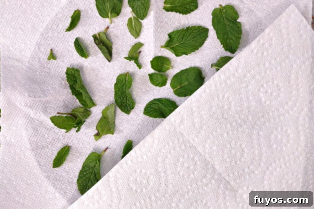 Dry Mint in Minutes: Microwave Method 6 A second paper towel covering fresh mint leaves on a microwave-safe plate.