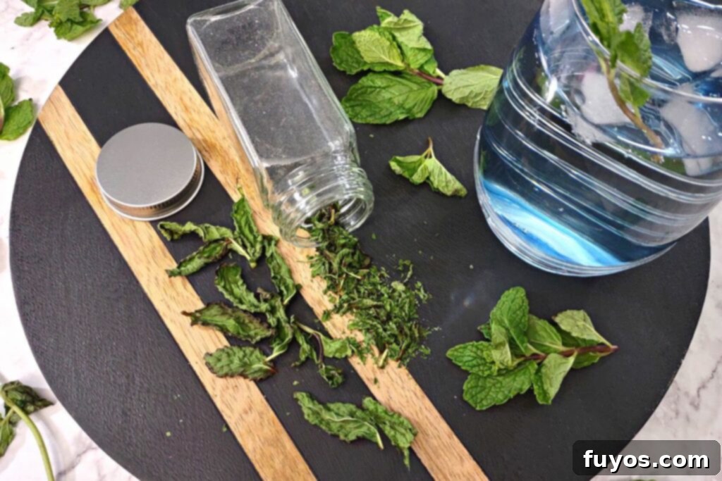 Dry Mint in Minutes: Microwave Method 8 A comparison of whole and crushed microwave-dried mint leaves, showcasing storage options.