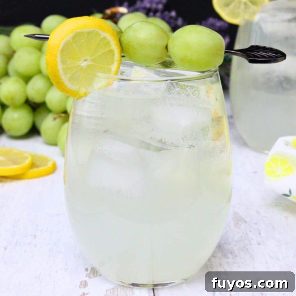 Zesty Sparkling Vodka Lemonade 2 Vibrant vodka lemonade spritzer in a glass, garnished with lemon slice and fresh fruit, set against a summer backdrop.