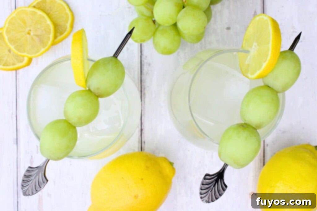 Zesty Sparkling Vodka Lemonade 7 Overhead view of two perfectly garnished vodka lemonade spritzer cocktails with lemon slices and grape skewers.