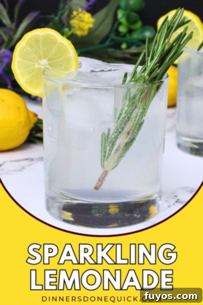 sparkling lemonade cocktail recipe for Pinterest, garnished with lemon and rosemary, with a bottle of Ciroc Limonata