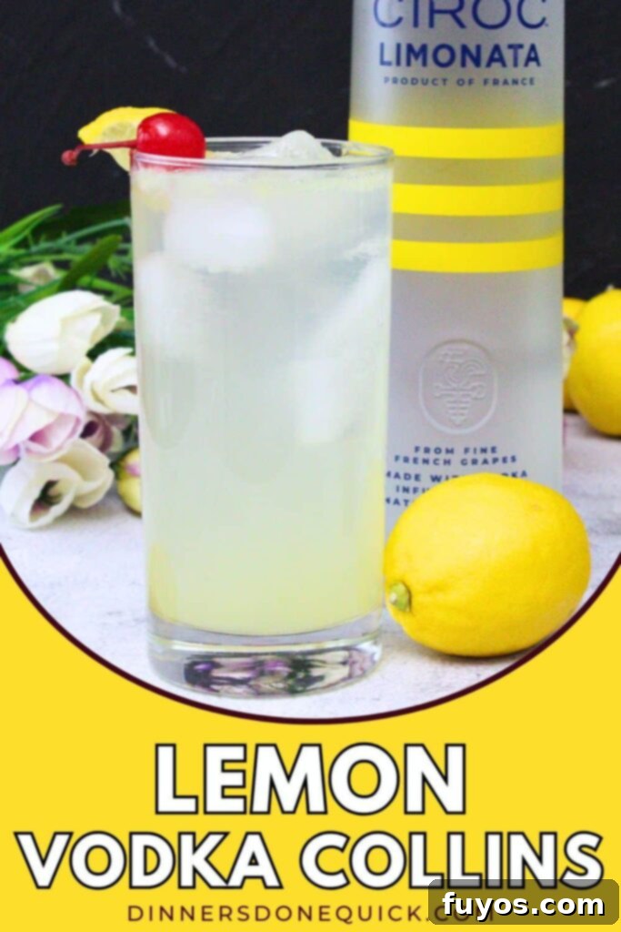 Lemon Vodka Collins: Summer's Zesty Escape 11 Lemon Vodka Collins cocktail for Pinterest featuring a tall drink with lemon slice and cherry